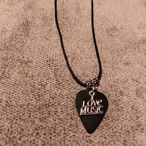 SILVER TONE I LOVE MUSIC CHARM ON BLACK GUITAR PICK NECKLACE